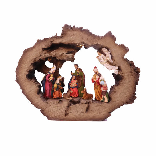 Full product view of rustic log cabin style nativity scene decoration on white background