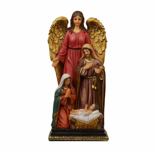 A one-piece nativity figurine featuring the Holy Family, accompanied by a large golden-winged angel.
