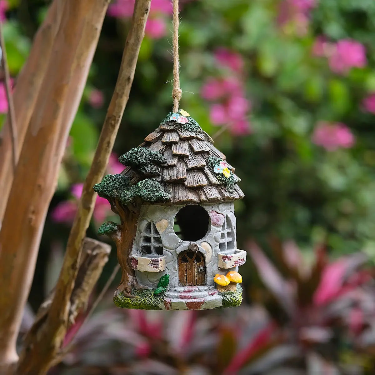 Fairy Cottage Birdhouse – Hand-Painted Resin Stone House with Wood Shingle Roof, Mushrooms & Floral Accents – Whimsical Hanging Garden Decor