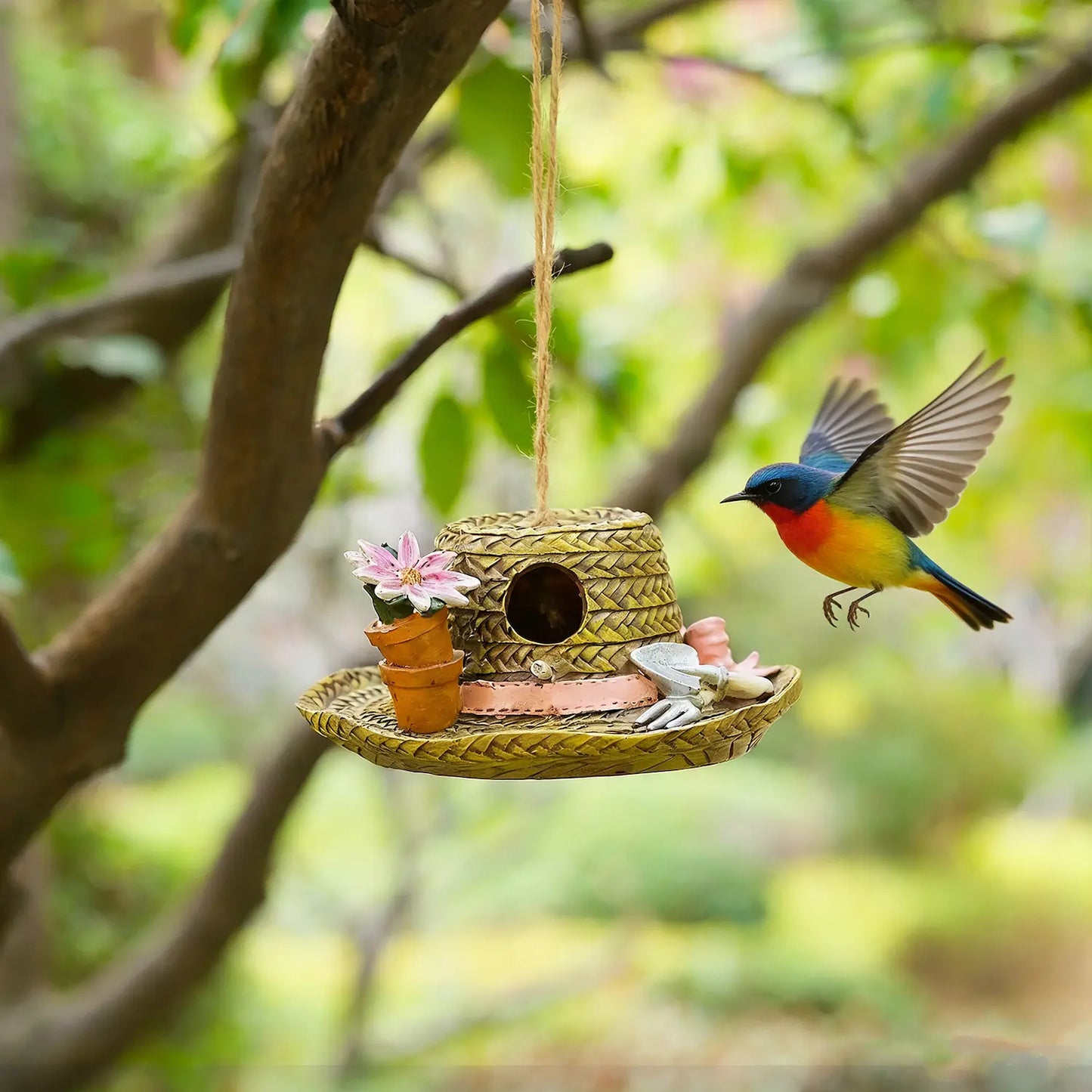 Straw hat birdhouse hanging from branch with bird approaching