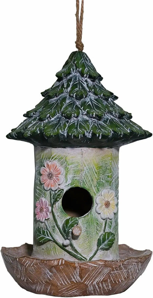 Pinecone Roof Birdhouse with Floral Design – Rustic Hanging Resin Bird House for Garden, Patio & Tree Decor