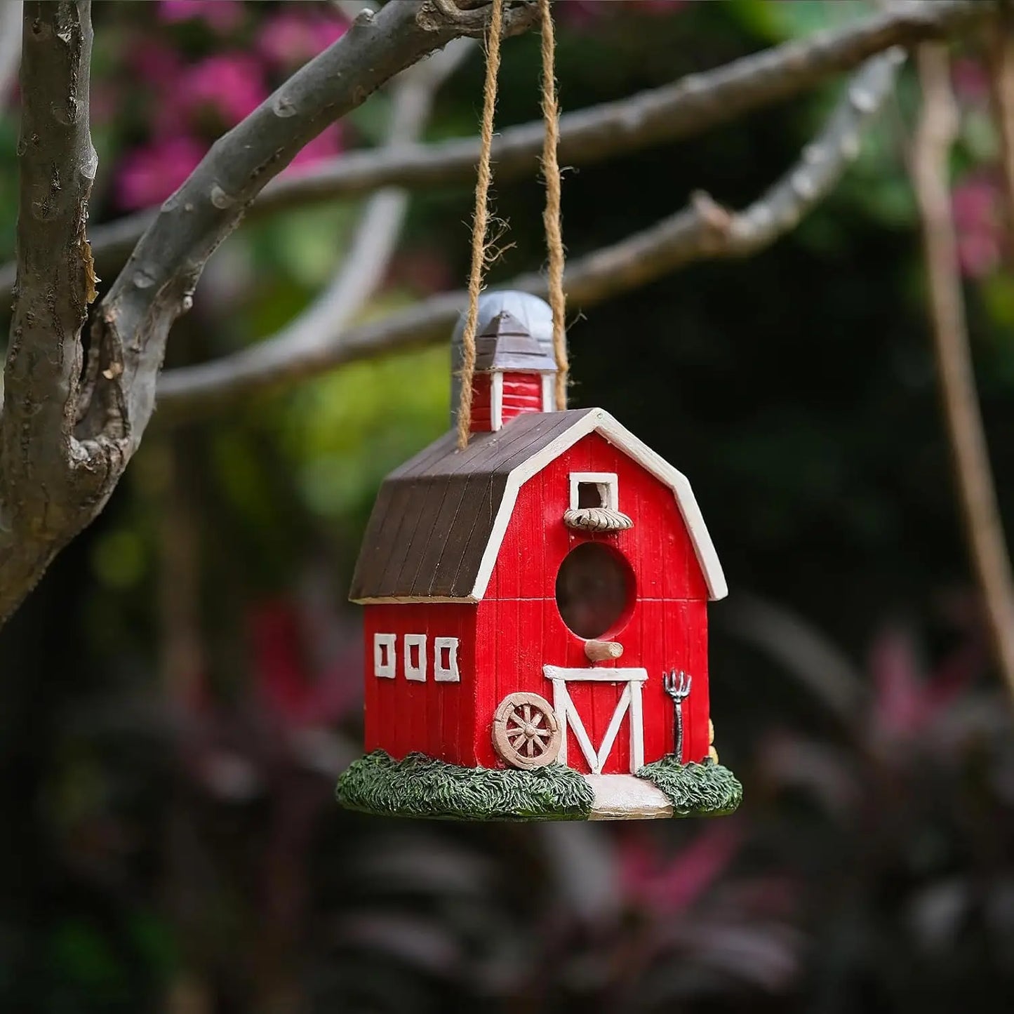 Red hanging birdhouse outdoor decor
