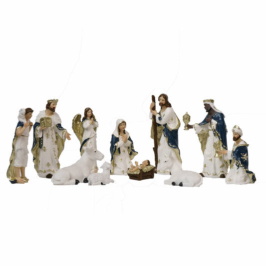 11-Piece Nativity Set with Shepherd Carrying Lamb – Blue & White Hand-Painted Resin, 6"