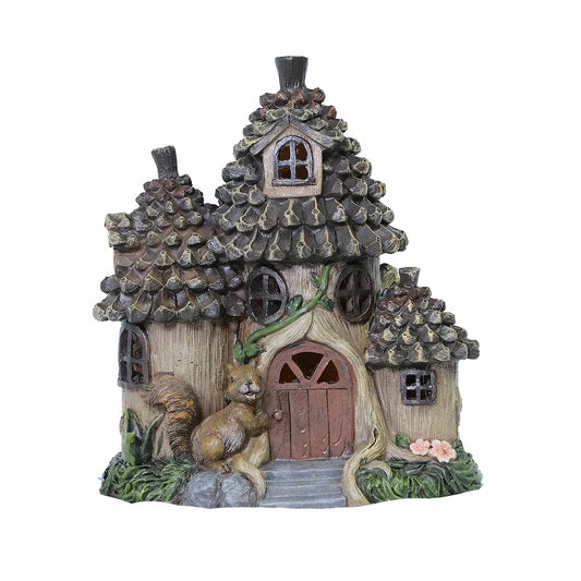 Hand-painted resin squirrel fairy house with pinecone roof