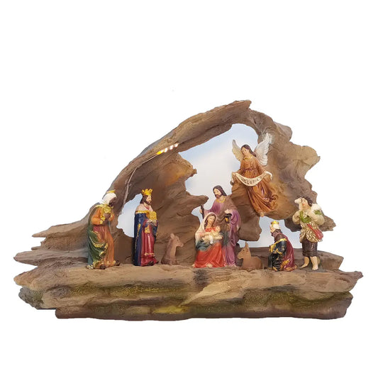 White background product photo of complete Christmas nativity set with stable