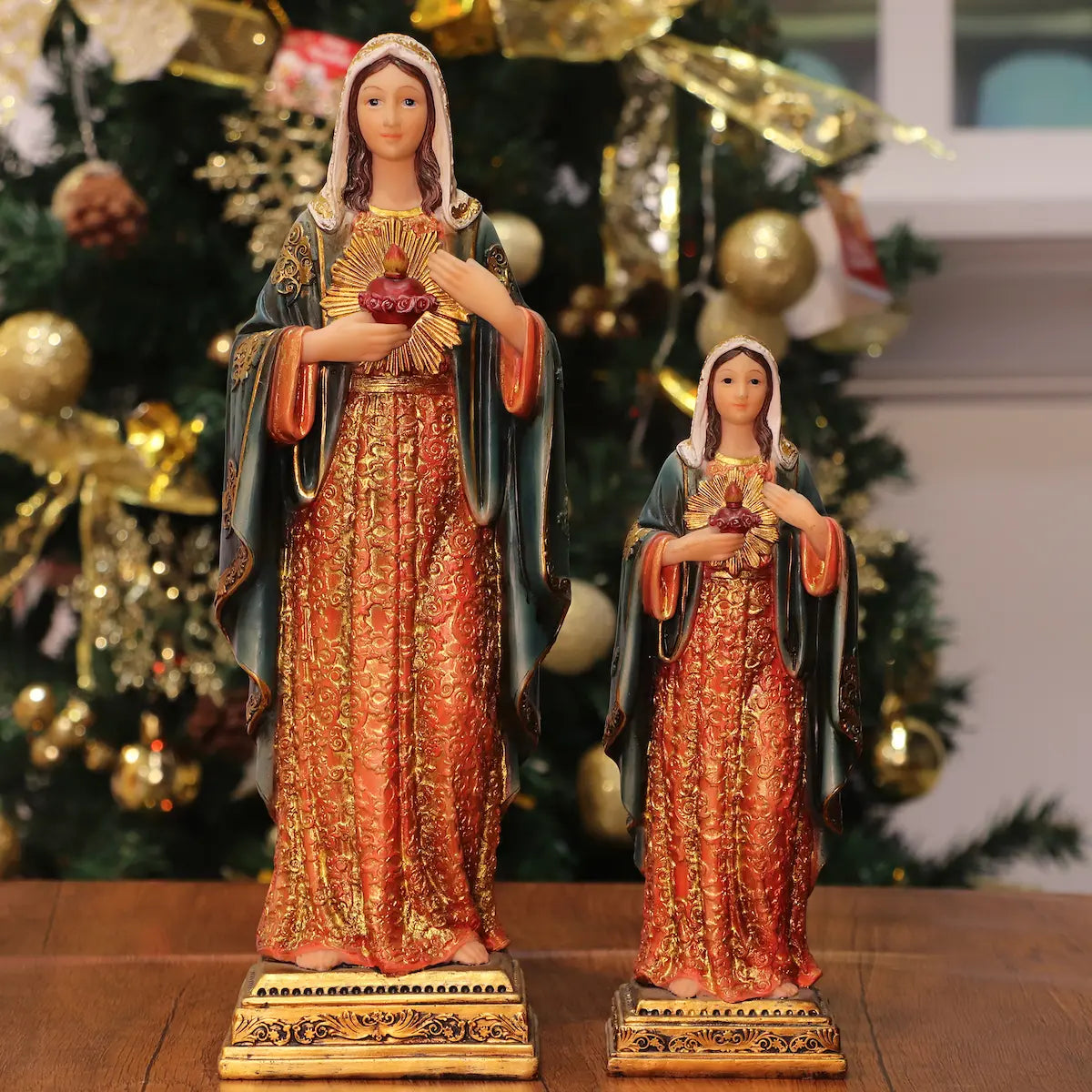 Immaculate Heart Virgin Mary statue 8 and 11 inch displayed by Christmas tree home altar