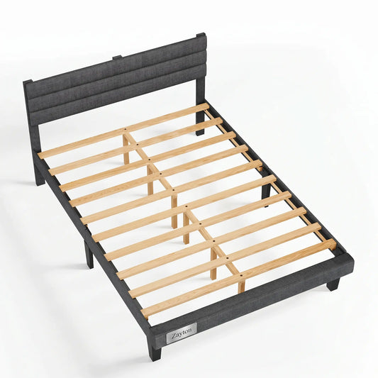 Queen Size Upholstered Platform Bed Frame with Adjustable Headboard, Wooden Slat Support, No Box Spring Needed, Dark Grey Linen Fabric Bed Base