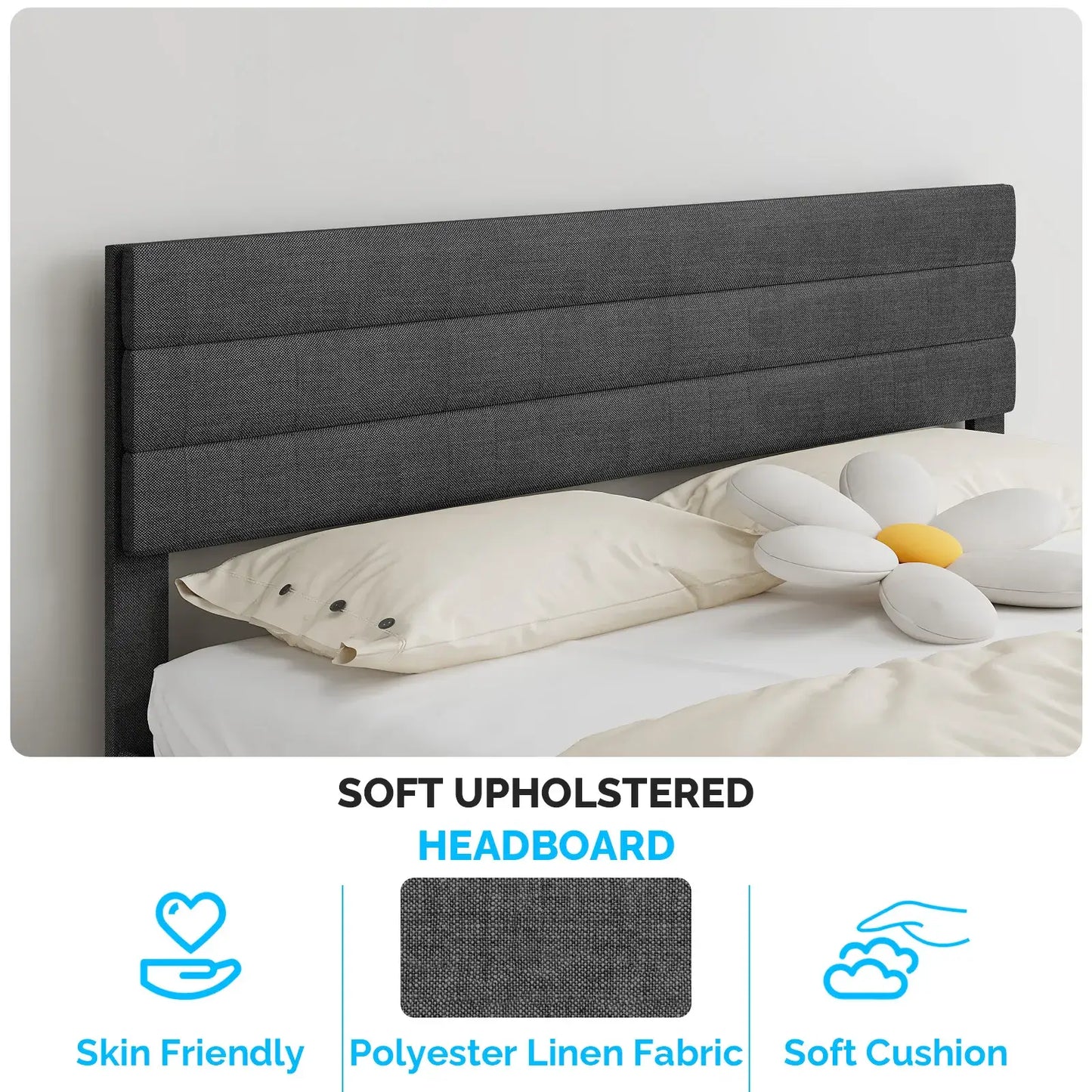 Queen Size Upholstered Platform Bed Frame with Adjustable Headboard, Wooden Slat Support, No Box Spring Needed, Dark Grey Linen Fabric Bed Base