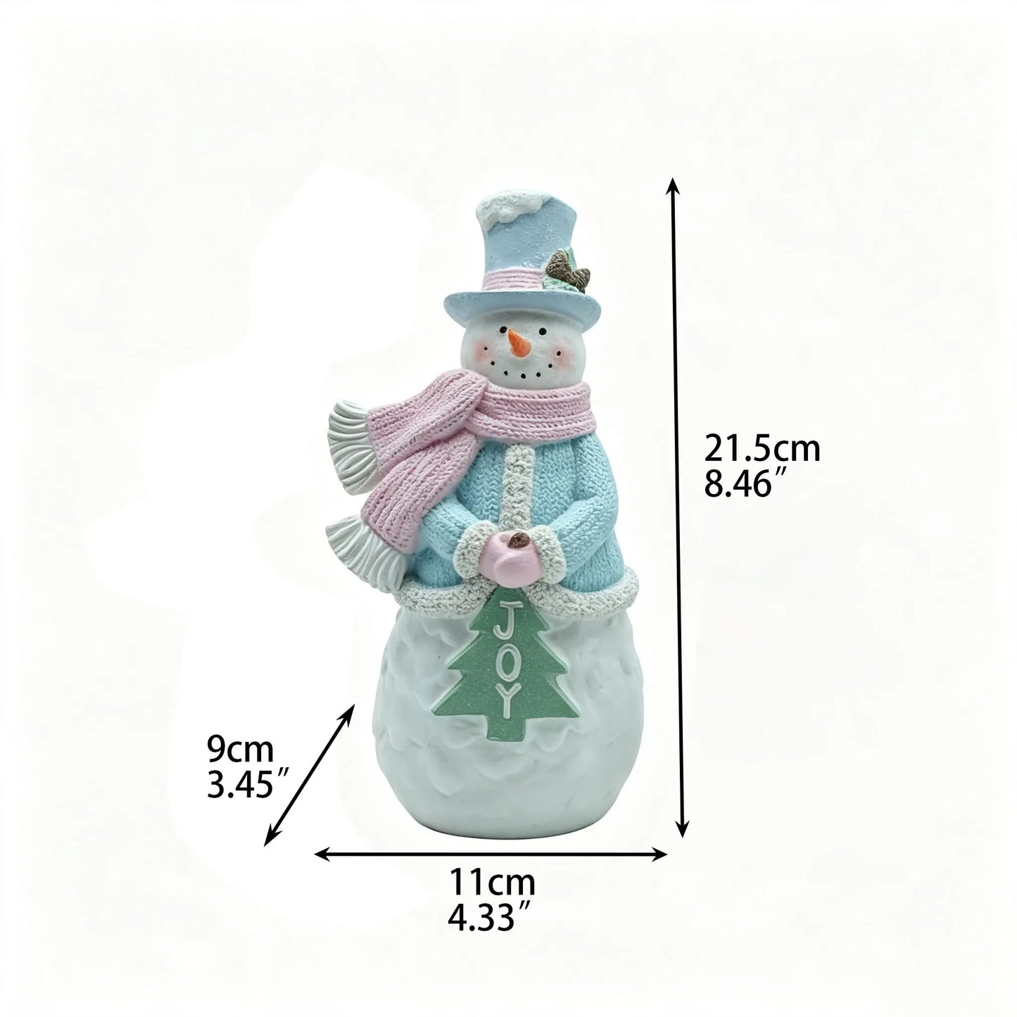 Male snowman figurine with blue top hat, pink scarf, and JOY Christmas tree detail, 21.5cm tall, front view with dimensions