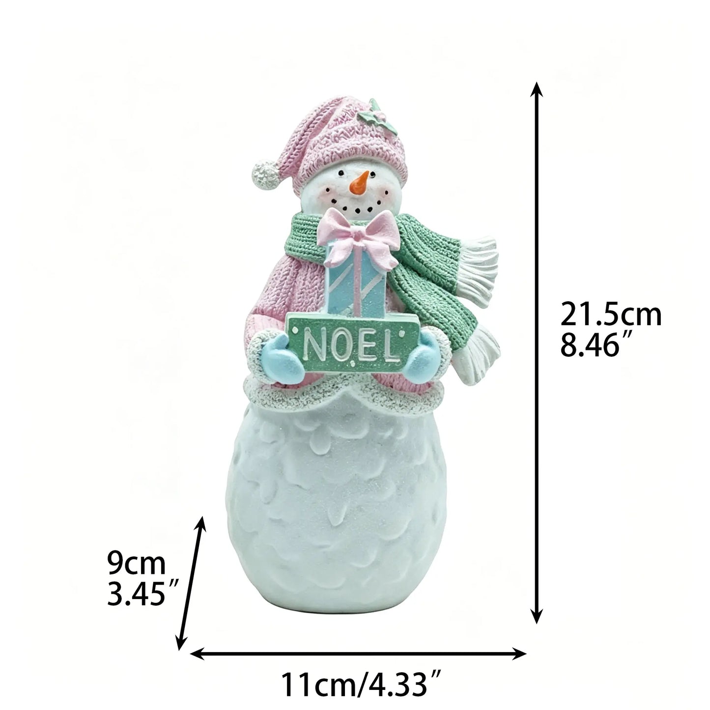 Female snowman figurine with pink knit beanie, green scarf, and NOEL gift sign, 21.5cm tall, front view with dimensions