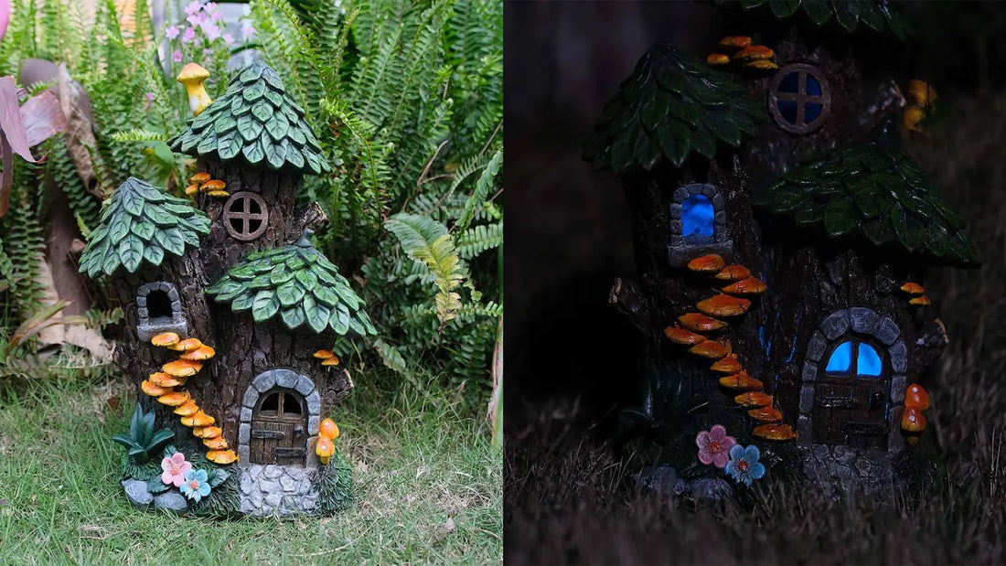 Solar-powered resin fairy house shown in daytime garden and glowing at night