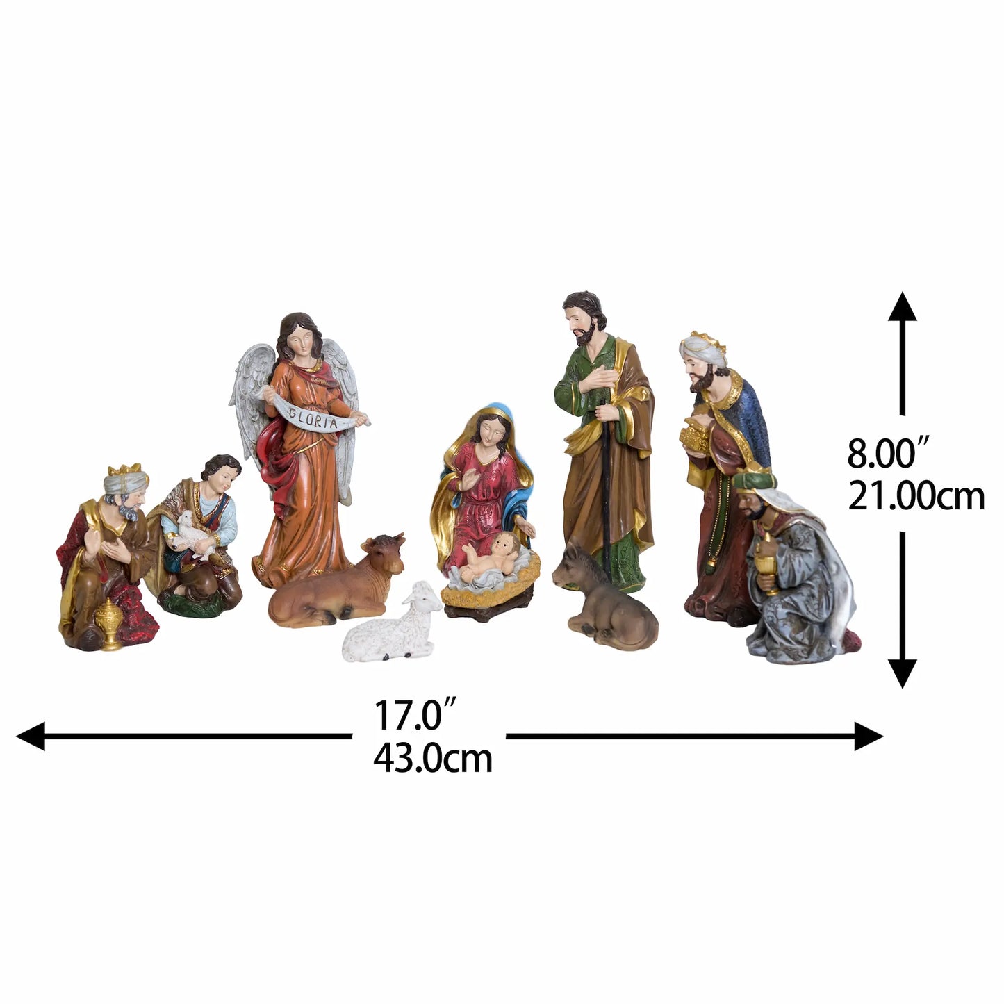 8 inch nativity set overall size diagram, 17 inch wide tabletop Bethlehem scene with GLORIA angel.