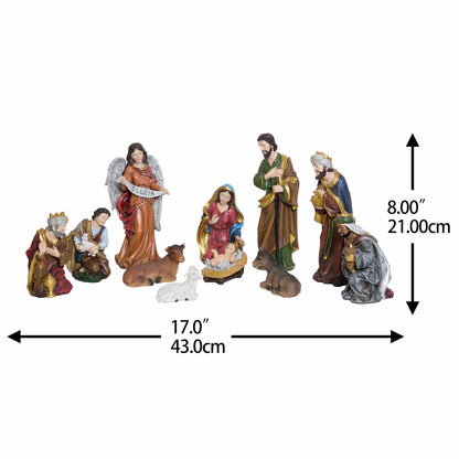 8 inch nativity set overall size diagram, 17 inch wide tabletop Bethlehem scene with GLORIA angel.