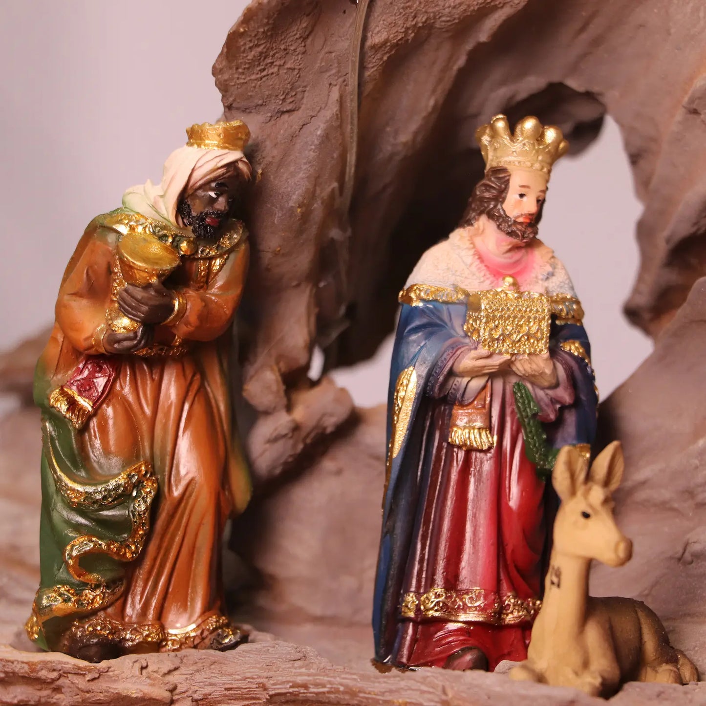 Three Wise Men figurines bringing gifts in detailed Christmas nativity set