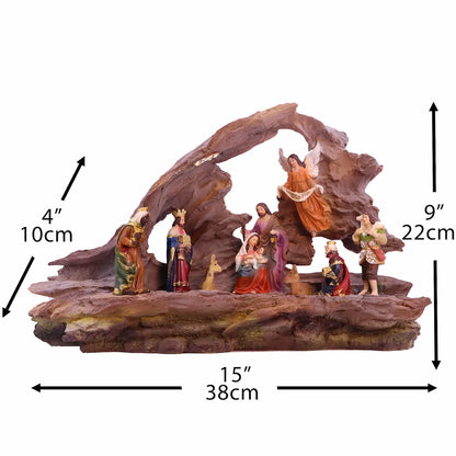 Dimensions of rustic lighted nativity scene Christmas decoration 15 x 4 x 9 inches
