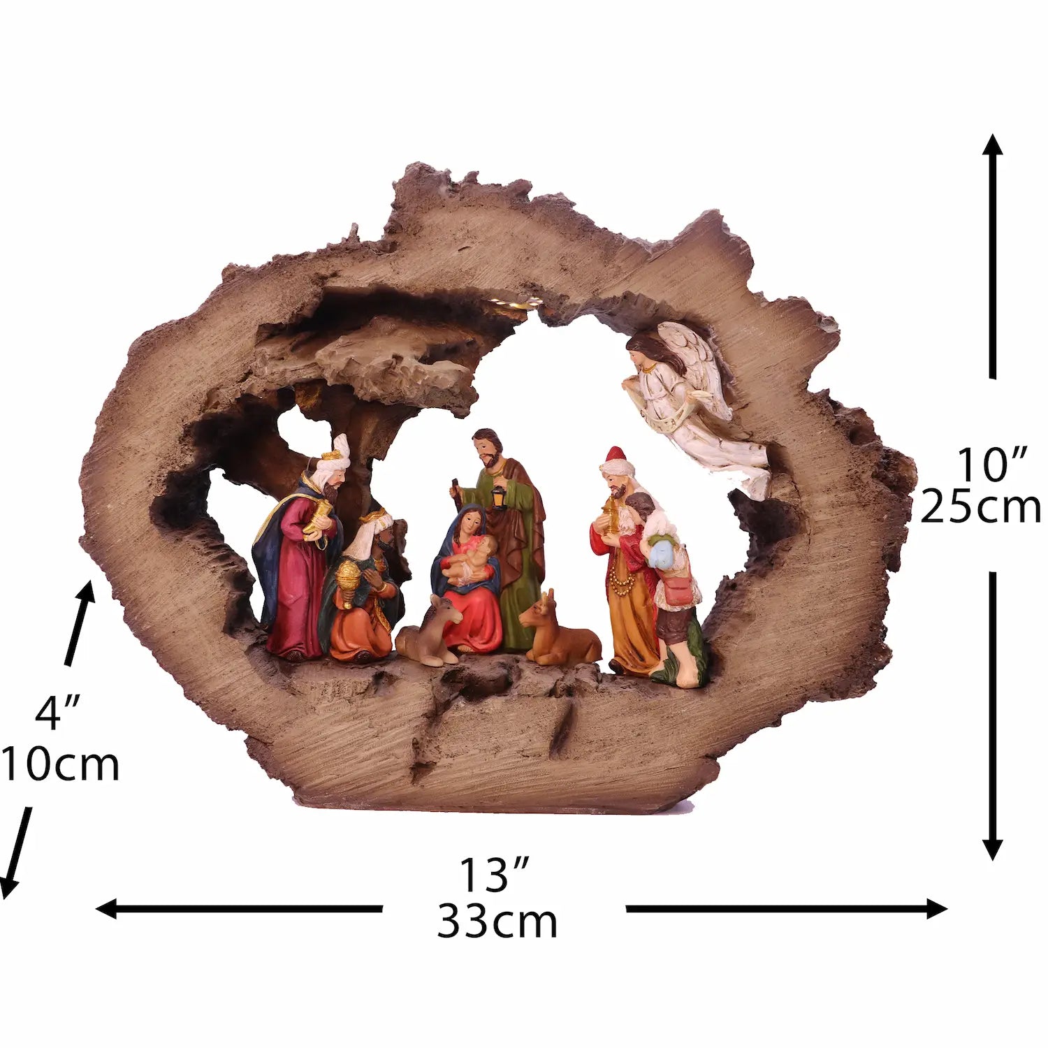 Dimensions of LED nativity scene showing 33cm width, 25cm height, and 10cm depth