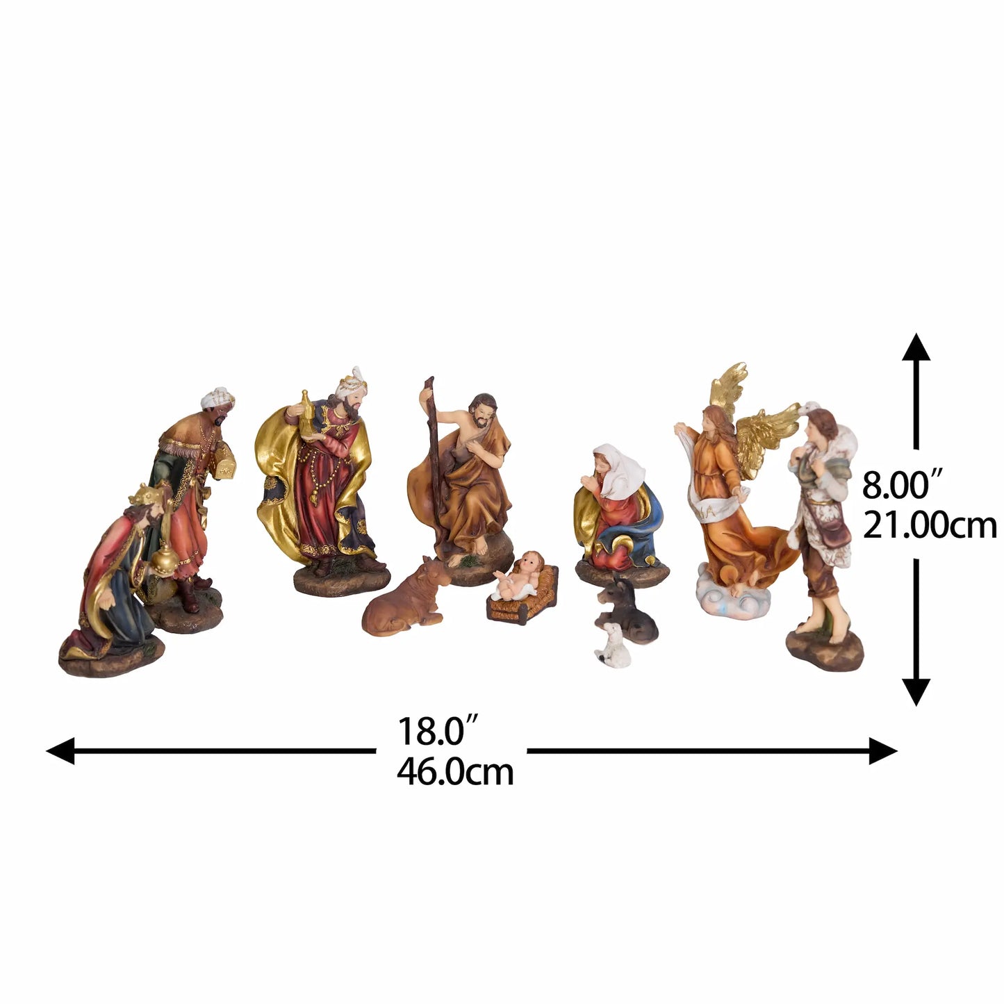 Complete 11-piece nativity scene showing 18-inch display width and 8-inch height — full crèche arrangement with all figures on white background