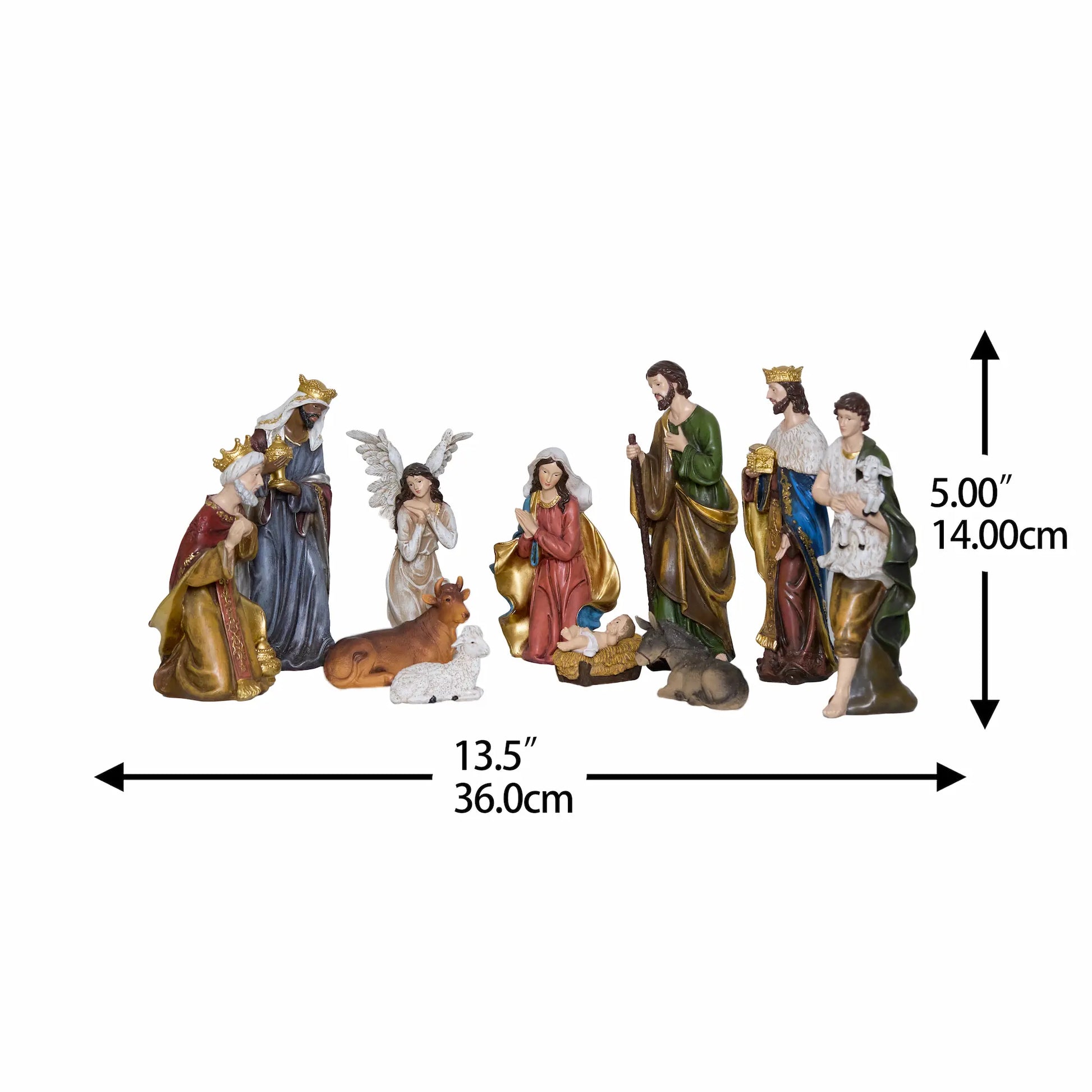 11-piece nativity scene set size chart — complete hand-painted resin Christmas manger set with overall dimensions