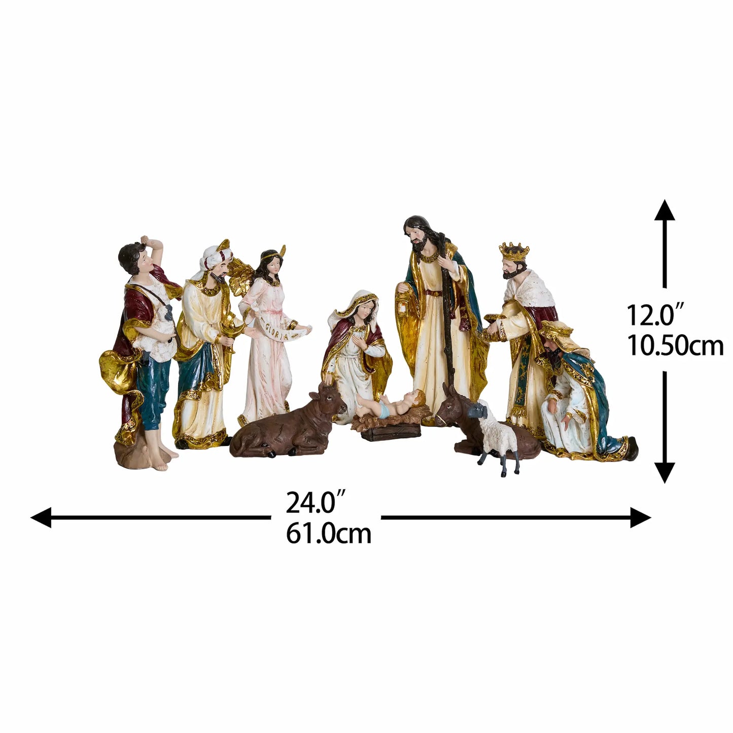 Full 11-piece nativity scene arranged together showing 24-inch display width and 12-inch height