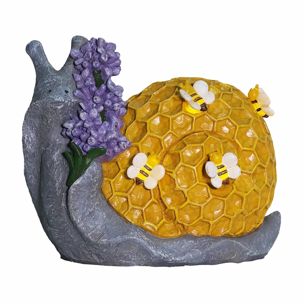 Solar lighted bee snail garden statue with honeycomb shell, bees, and lavender accent