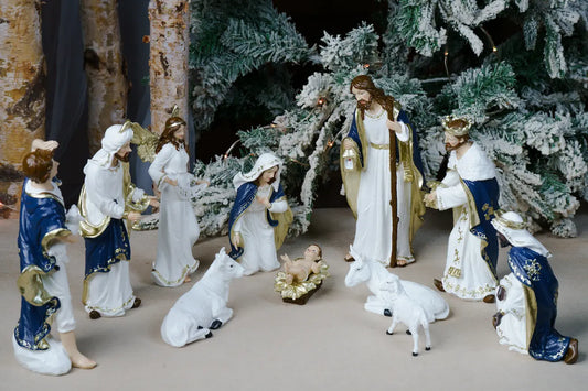 11 piece 12 inch nativity set, blue and white