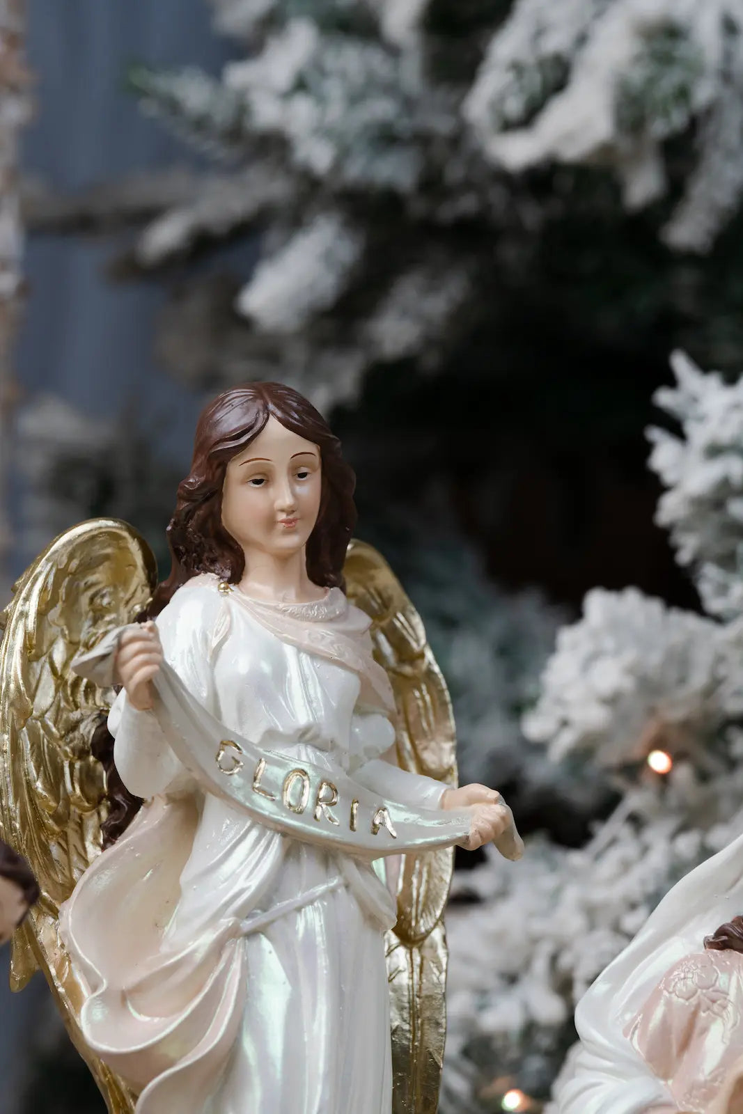 gloria angel with gold banner and wings nativity figurine
