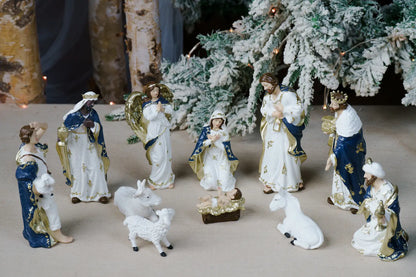 eleven piece blue white nativity set complete scene eight inch