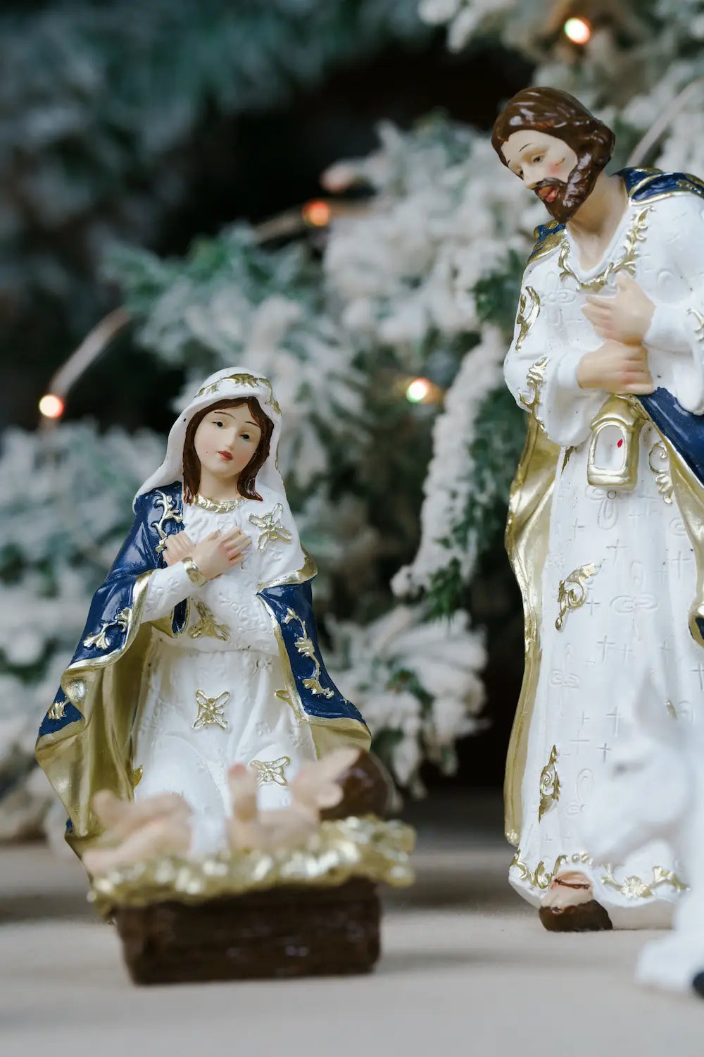 joseph lantern mary baby jesus blue white nativity scene