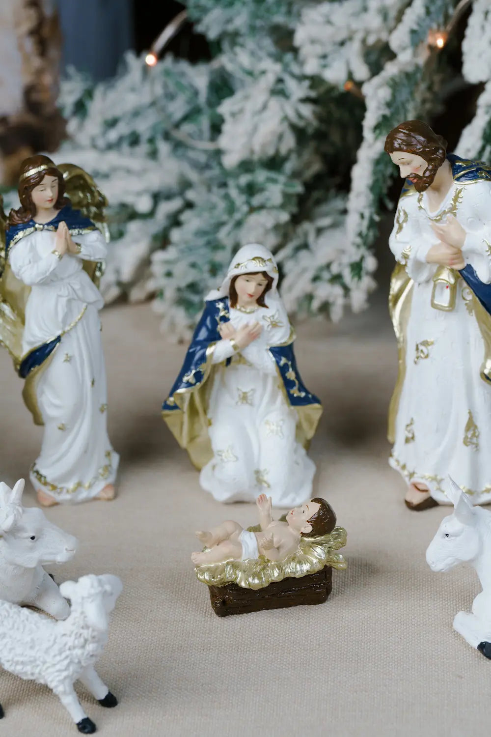 holy family praying angel animals blue white nativity set