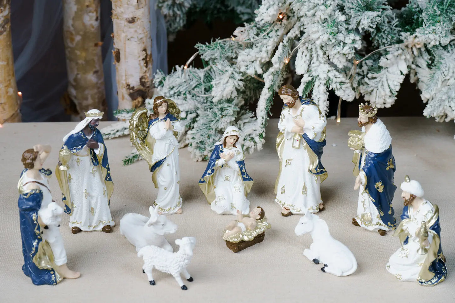 blue white nativity set eight inch lantern joseph full scene