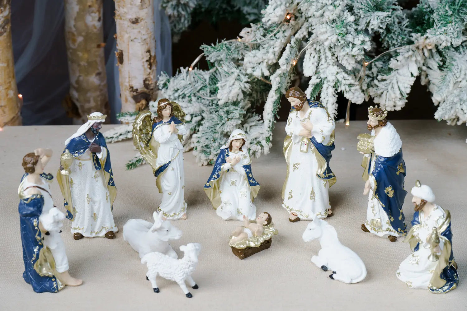 blue white nativity set eight inch lantern joseph full scene