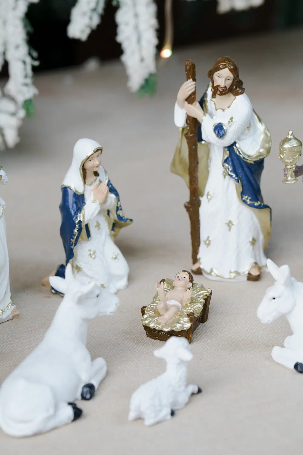 holy family baby jesus manger blue white nativity figurines