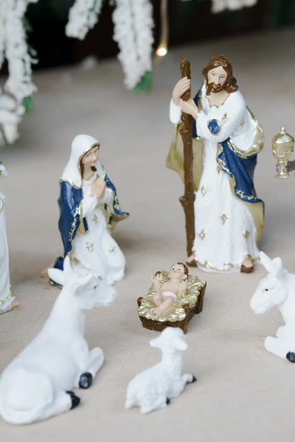 holy family baby jesus manger blue white nativity figurines