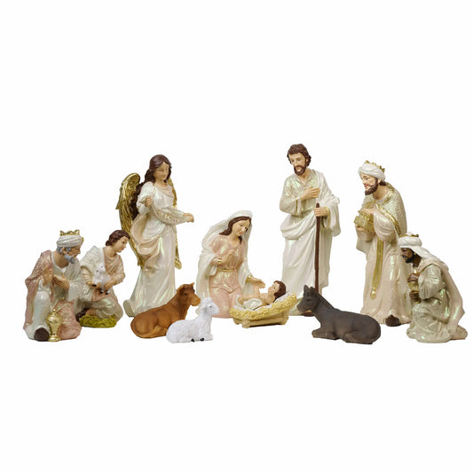 11-Piece Nativity Set with Gloria Angel – Blush Pink & Ivory Hand-Painted Resin, 3 Sizes