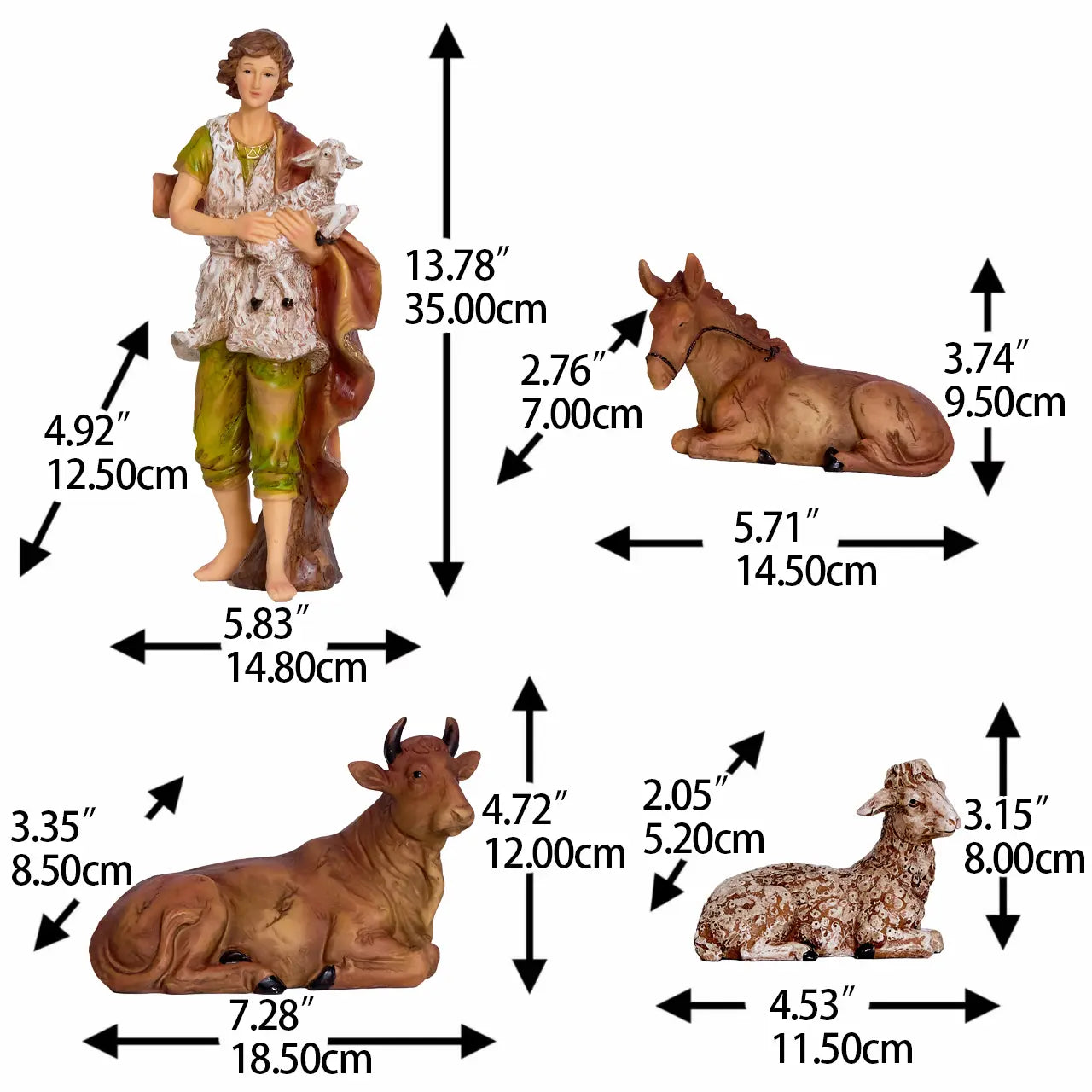 Nativity scene shepherd, ox, donkey, and sheep figurines with individual measurements in inches and centimeters