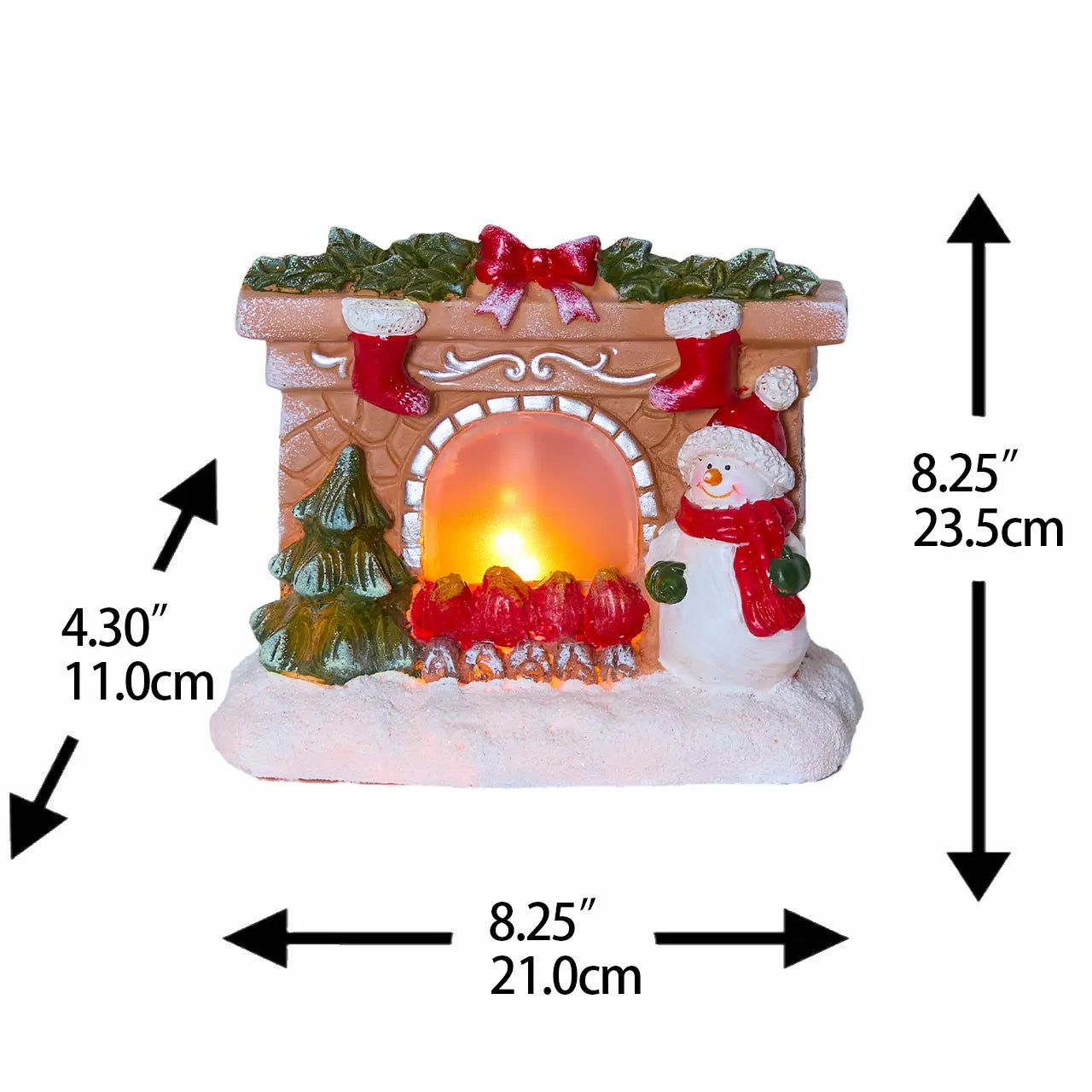 Snowman fireplace LED decor dimensions 8.25 inch height 8.25 inch width 4.30 inch depth