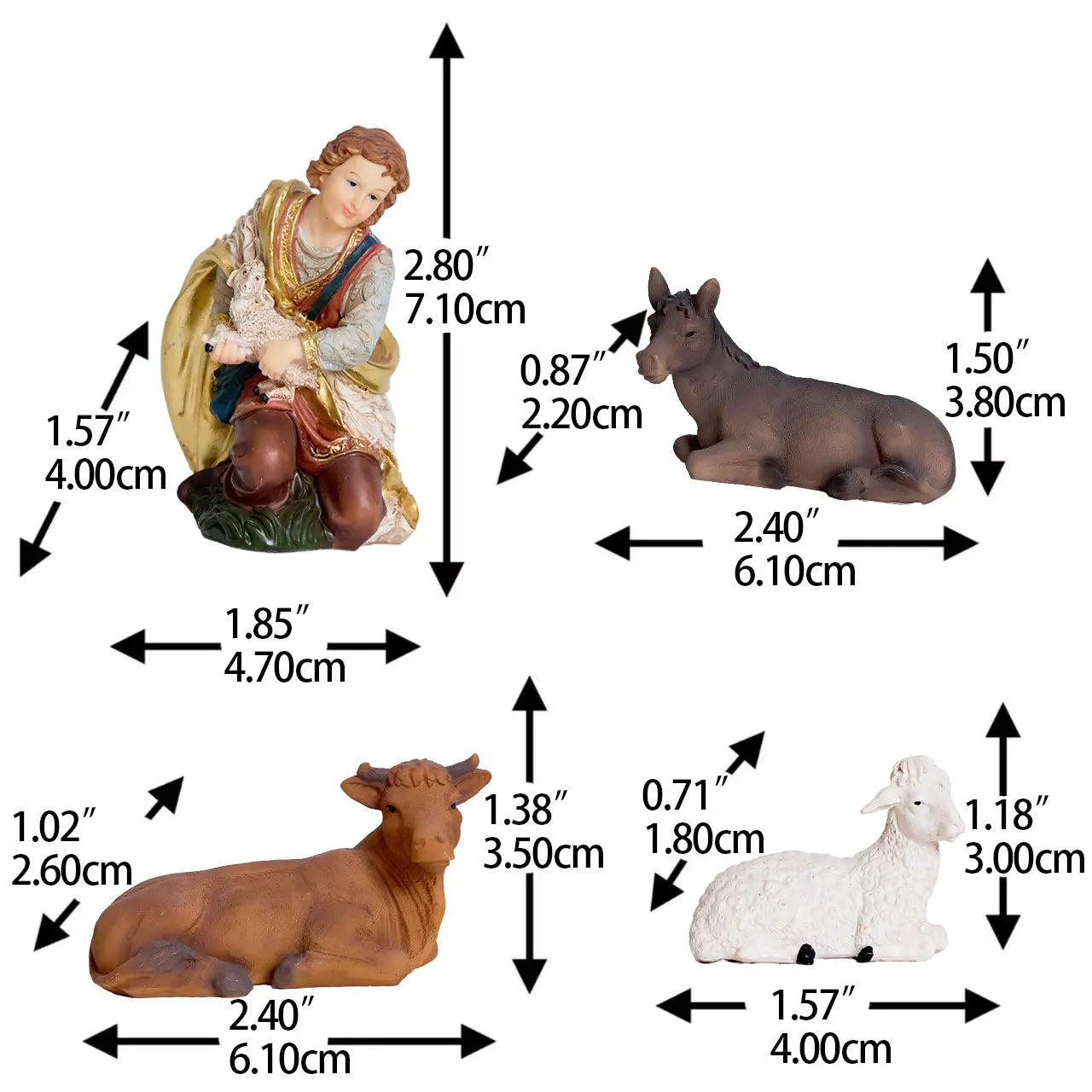 Nativity animals and shepherd figurines with dimensions, 5 inch nativity set stable animals decor.
