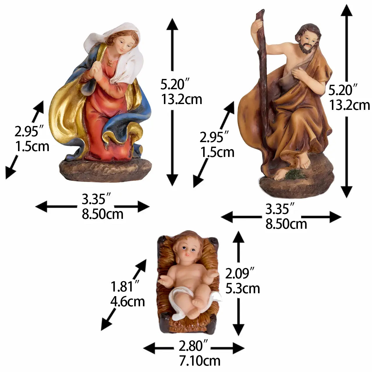Holy Family nativity figurines with measurements
