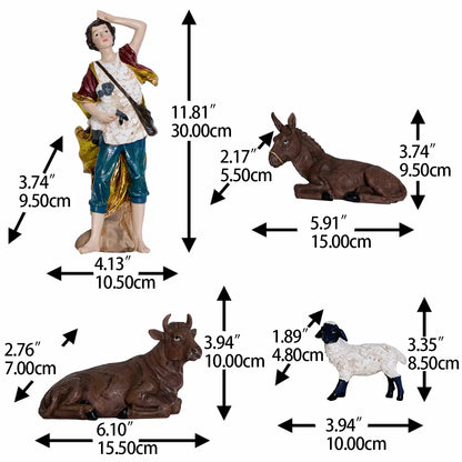 Nativity scene shepherd, ox, donkey, and sheep figurines with individual measurements in inches and centimeters