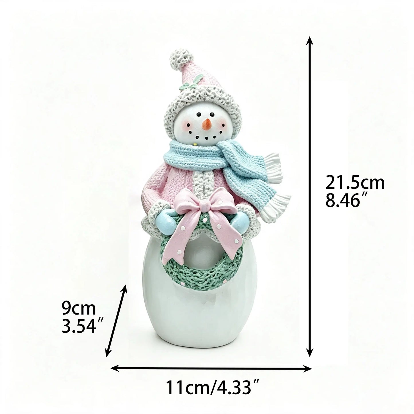 Female snowman figurine with dimensions 21.5cm height, 11cm width, 9cm depth displayed on white background