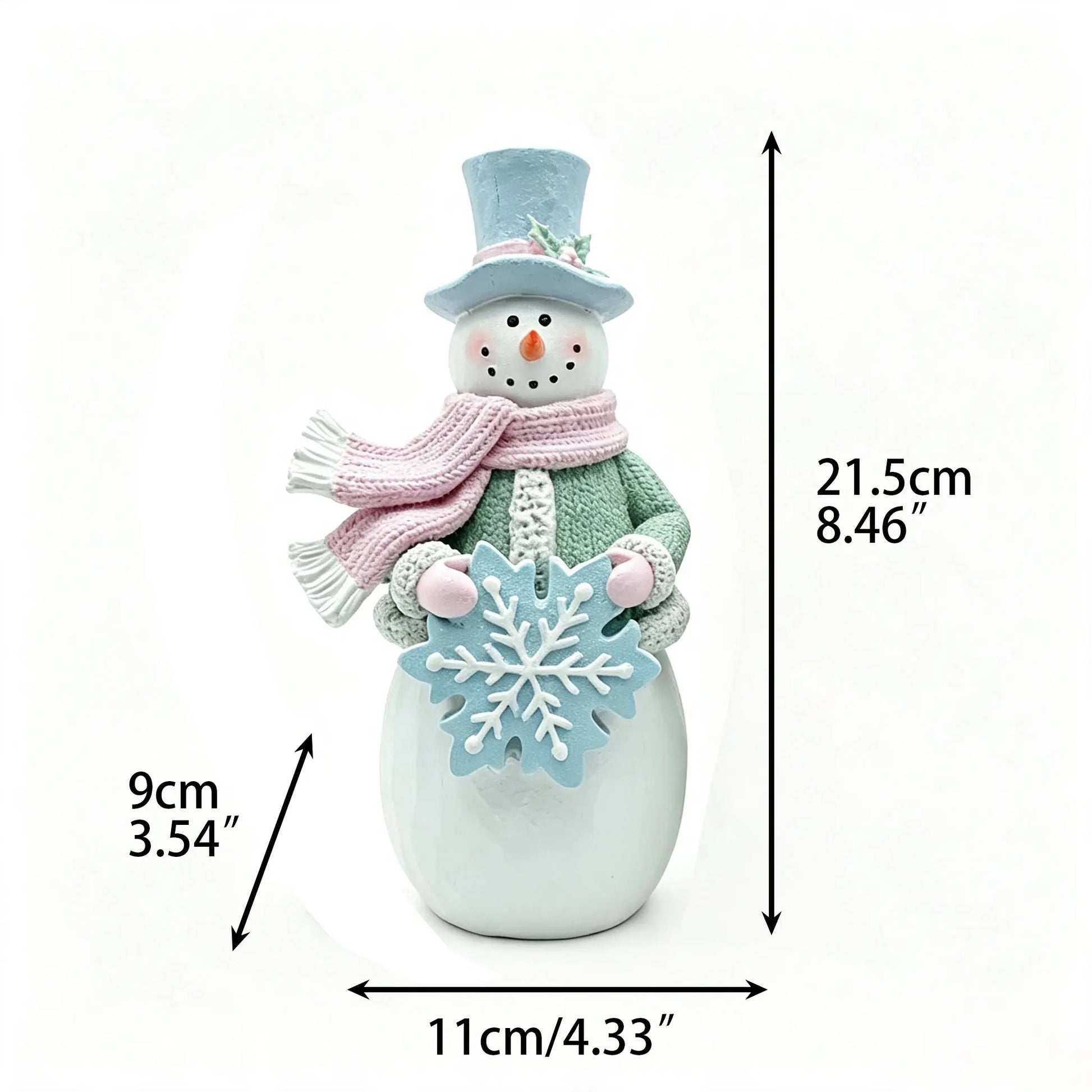 Male snowman figurine with dimensions 21.5cm height, 11cm width, 9cm depth displayed on white background