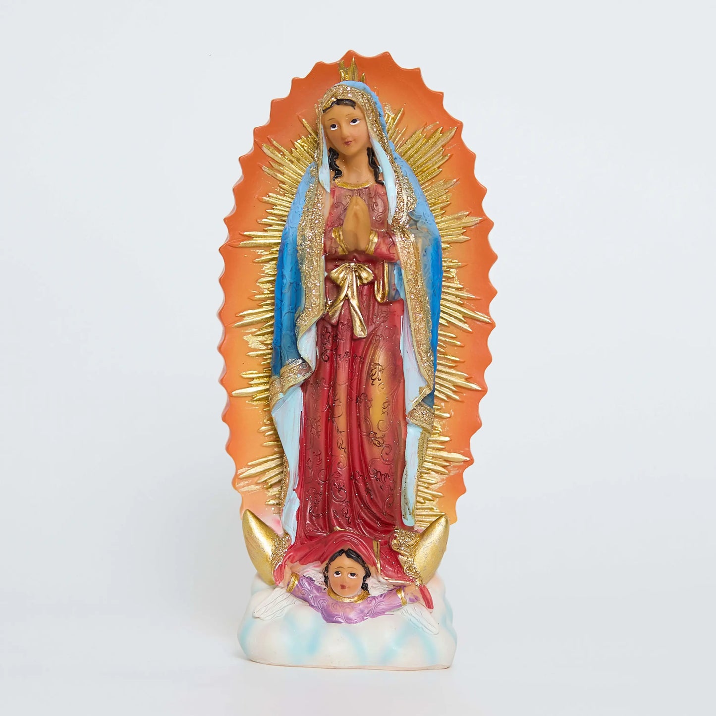 Our Lady of Guadalupe resin figurine on white background with crescent moon base, Front view