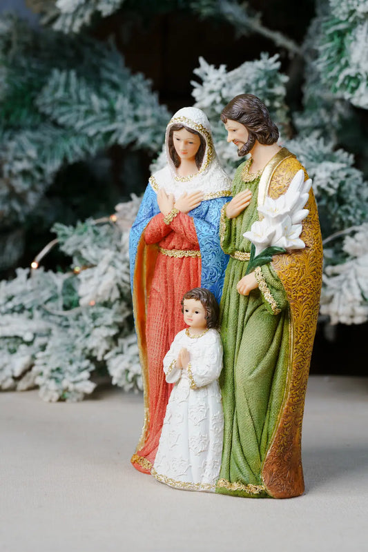 One Piece Statue of Mary, Joseph, and standing child Jesus — with Joseph holding lilies