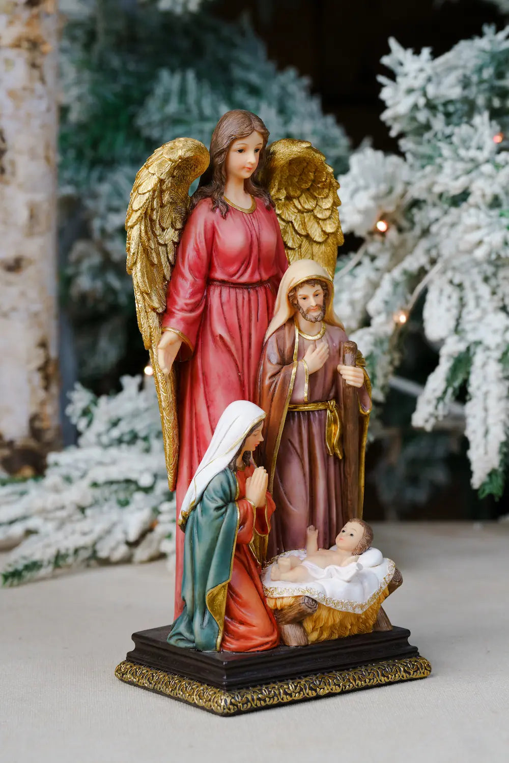 large holy family statue with standing guardian angel, hand-painted resin sculpture