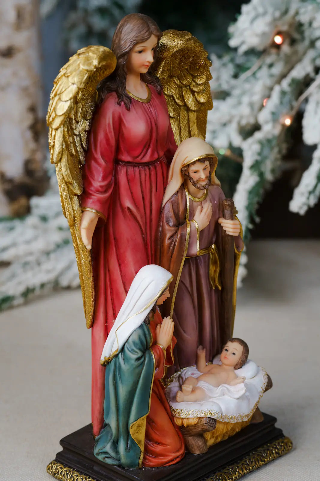 Holy Family with Guardian Angel Statue – Hand-Painted Resin Nativity Figurine