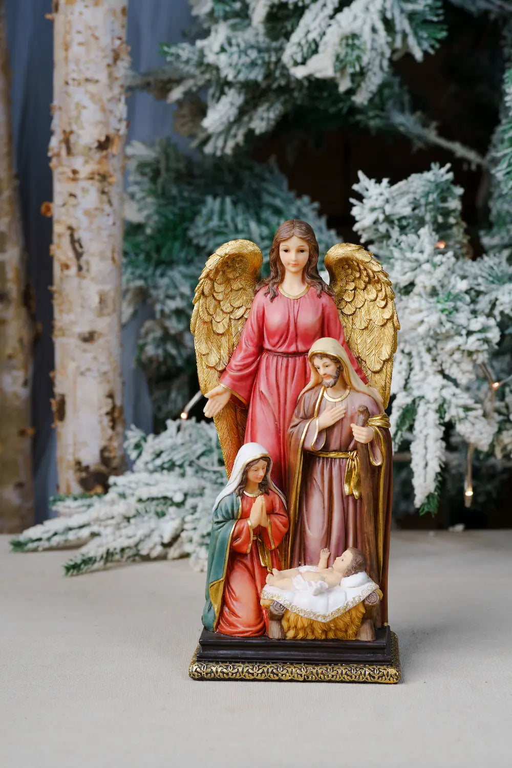 Nativity Statue with Guardian Angel – Hand-Painted Holy Family Figurine