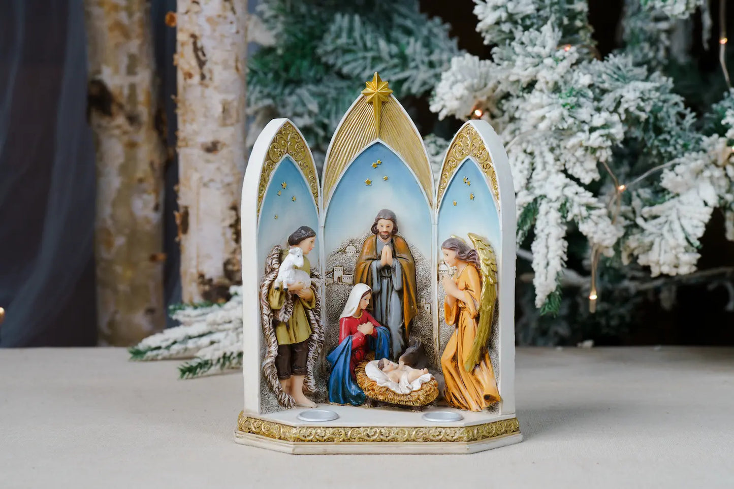 Nativity Triptych with Candle Holders – Hand-Painted Resin Scene