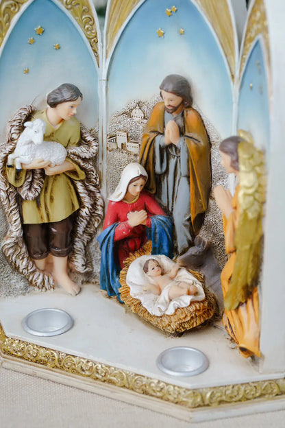 Gothic Arch Nativity Candle Holder – Hand-Painted Holy Family, Shepherd & Angel Scene
