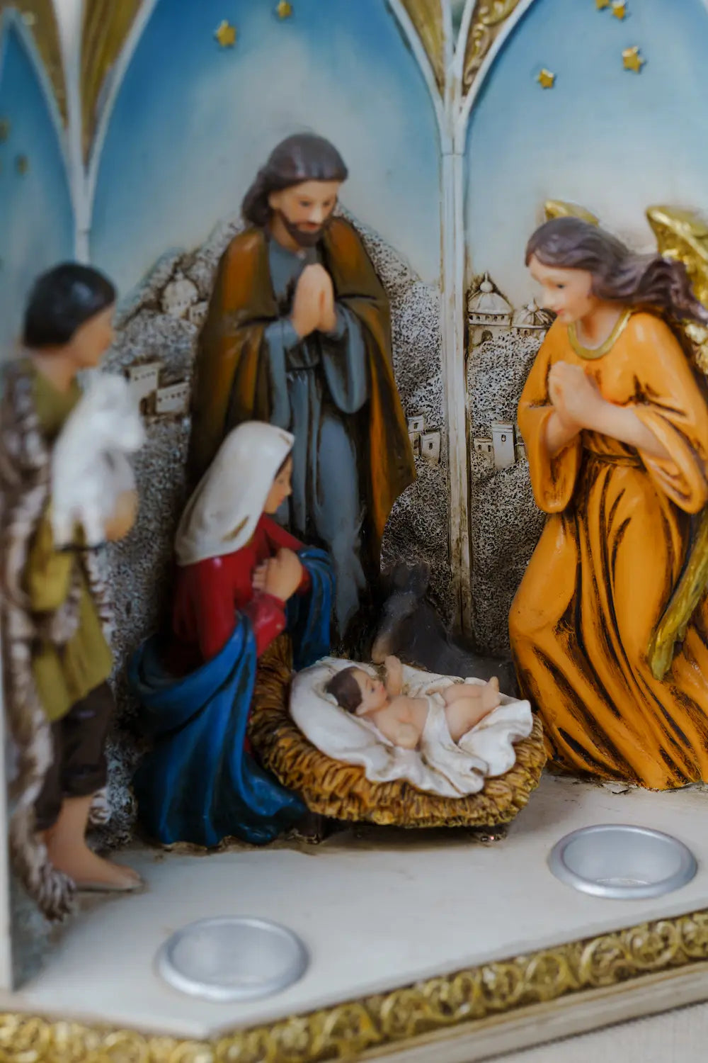 Nativity Cathedral Triptych with Tealight Candle Holders – Hand-Painted Resin Holy Family Plaque