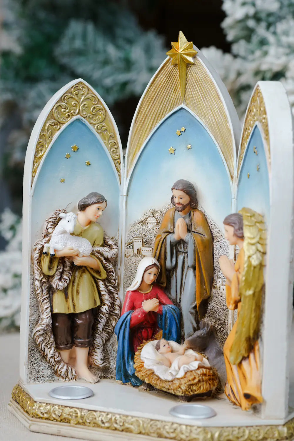 hand-painted cathedral arch nativity candle holder